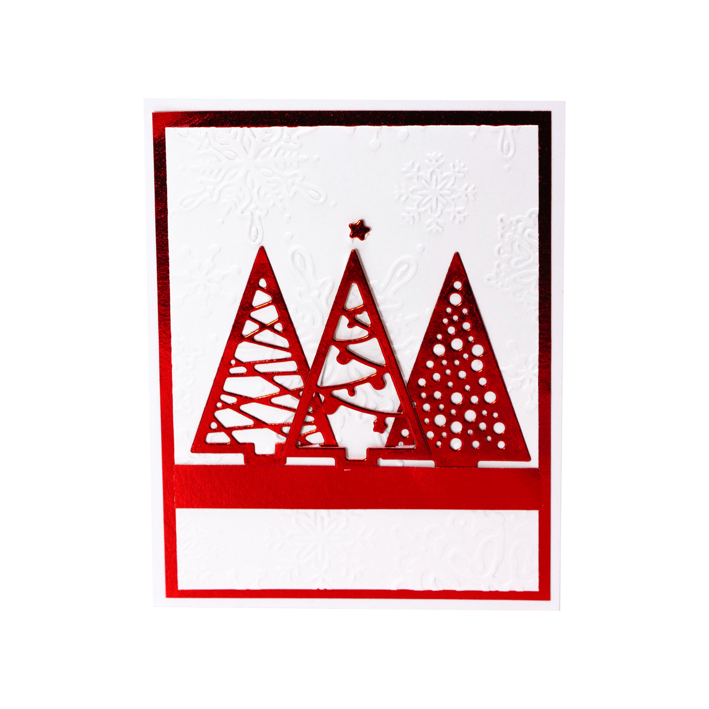 3 Metallic Red Christmas Trees On A Snowflake Embossed White Background
