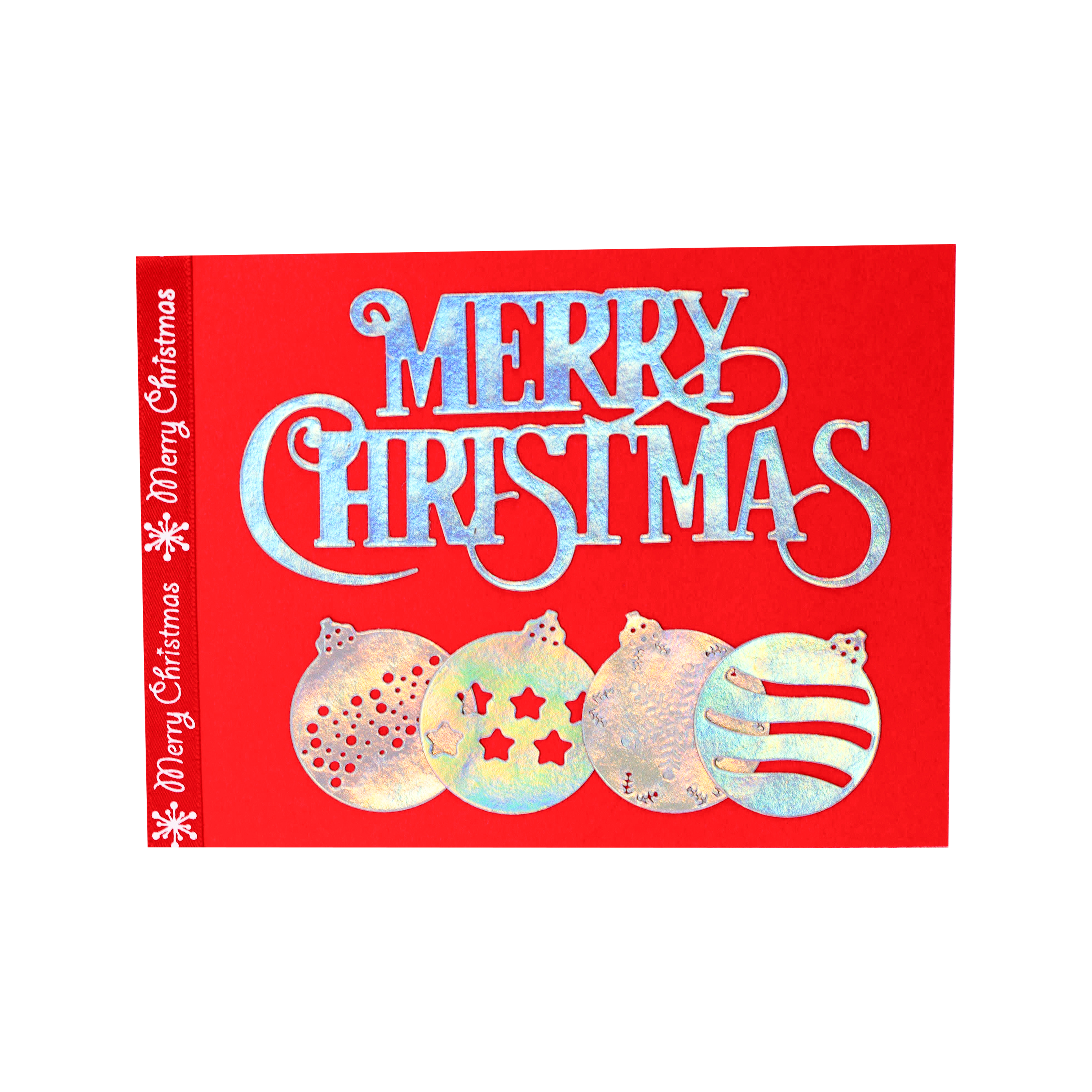 Christmas Ornaments Rainbow Shimmer on Red Background