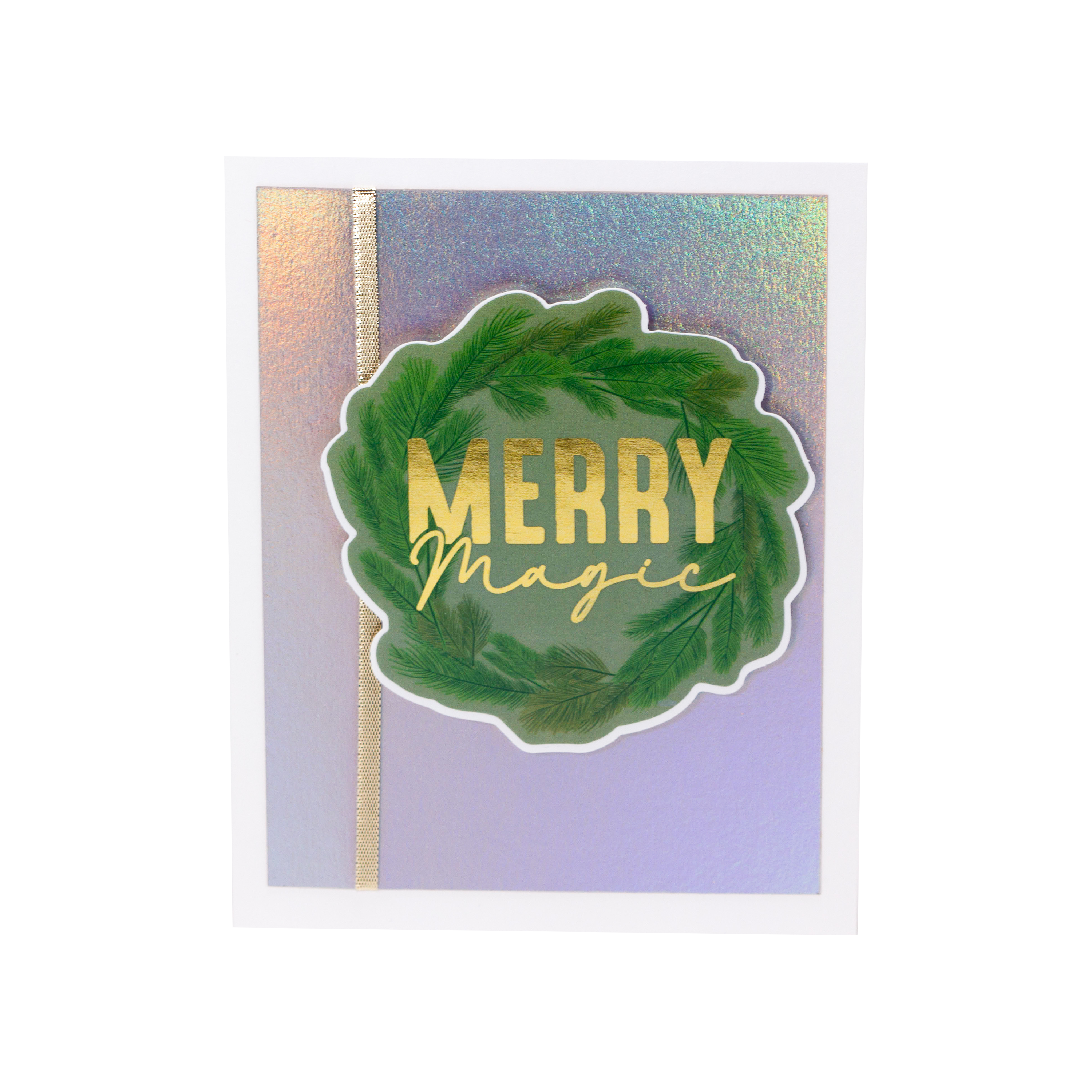 Wreath With Merry Magic on a Rainbow Background I Christmas Card