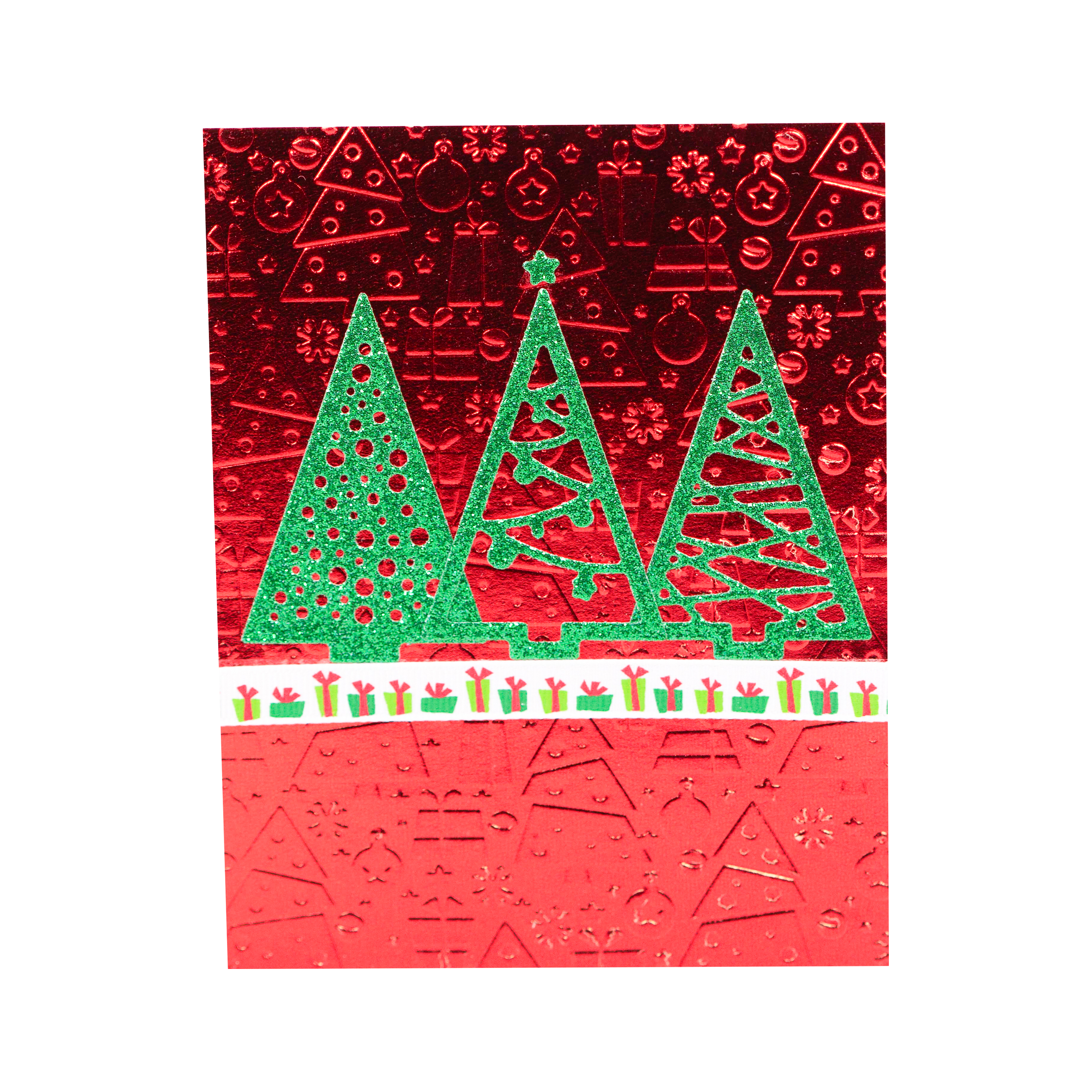 Red Embossed Background with 3 Green Shimmery Trees  I Christmas Card