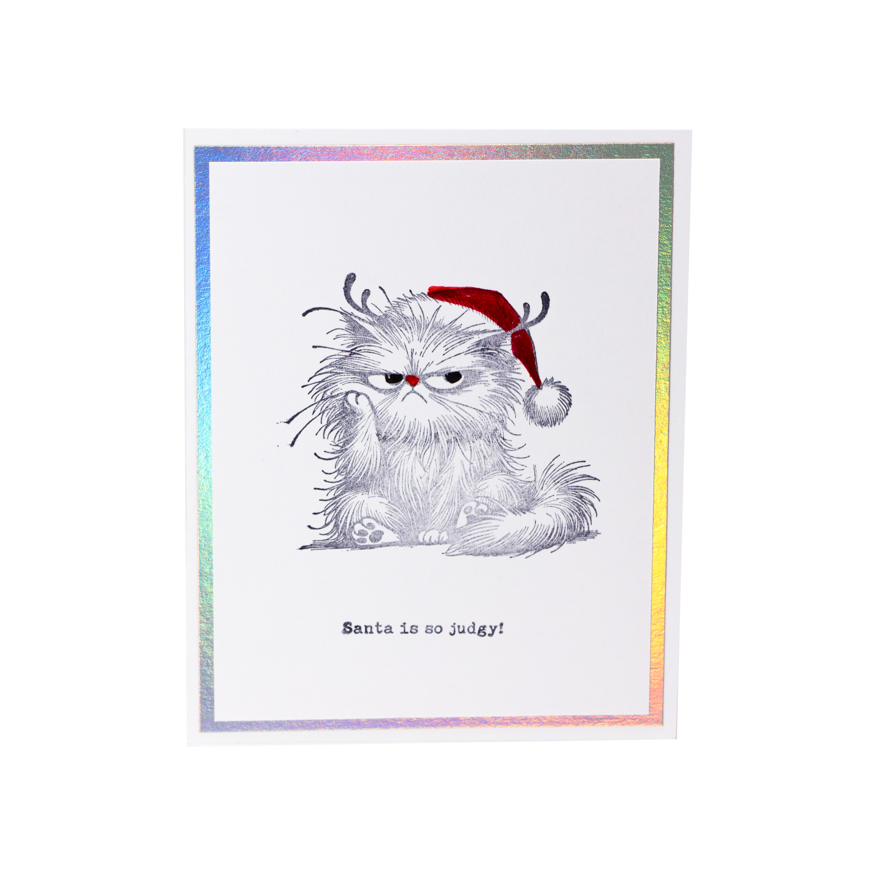 Bad Kitty Santa is so Judgy Rainbow Background I Christmas Card