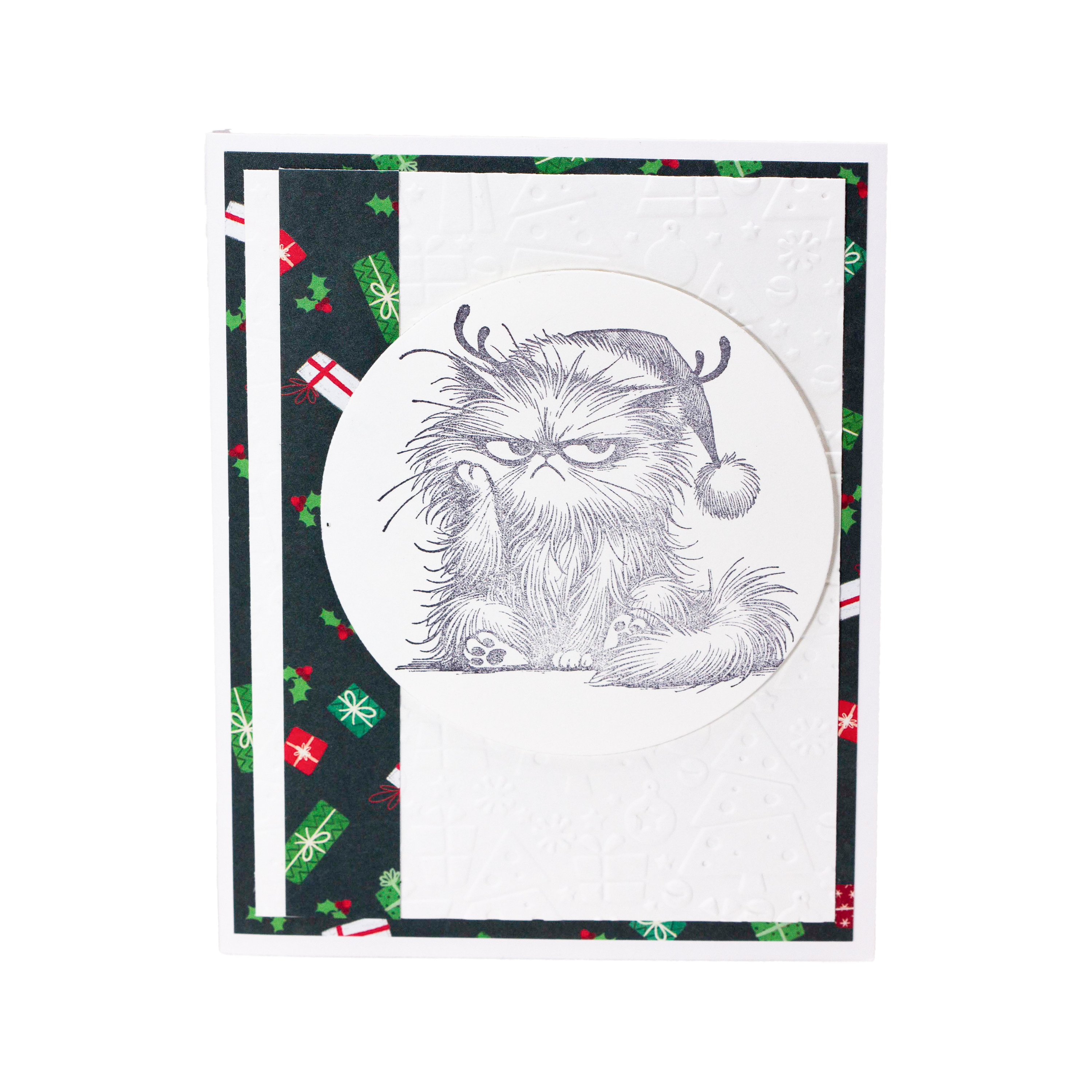 Bad Kitty White Embossed Background with Green Accent with Presents I Christmas Card