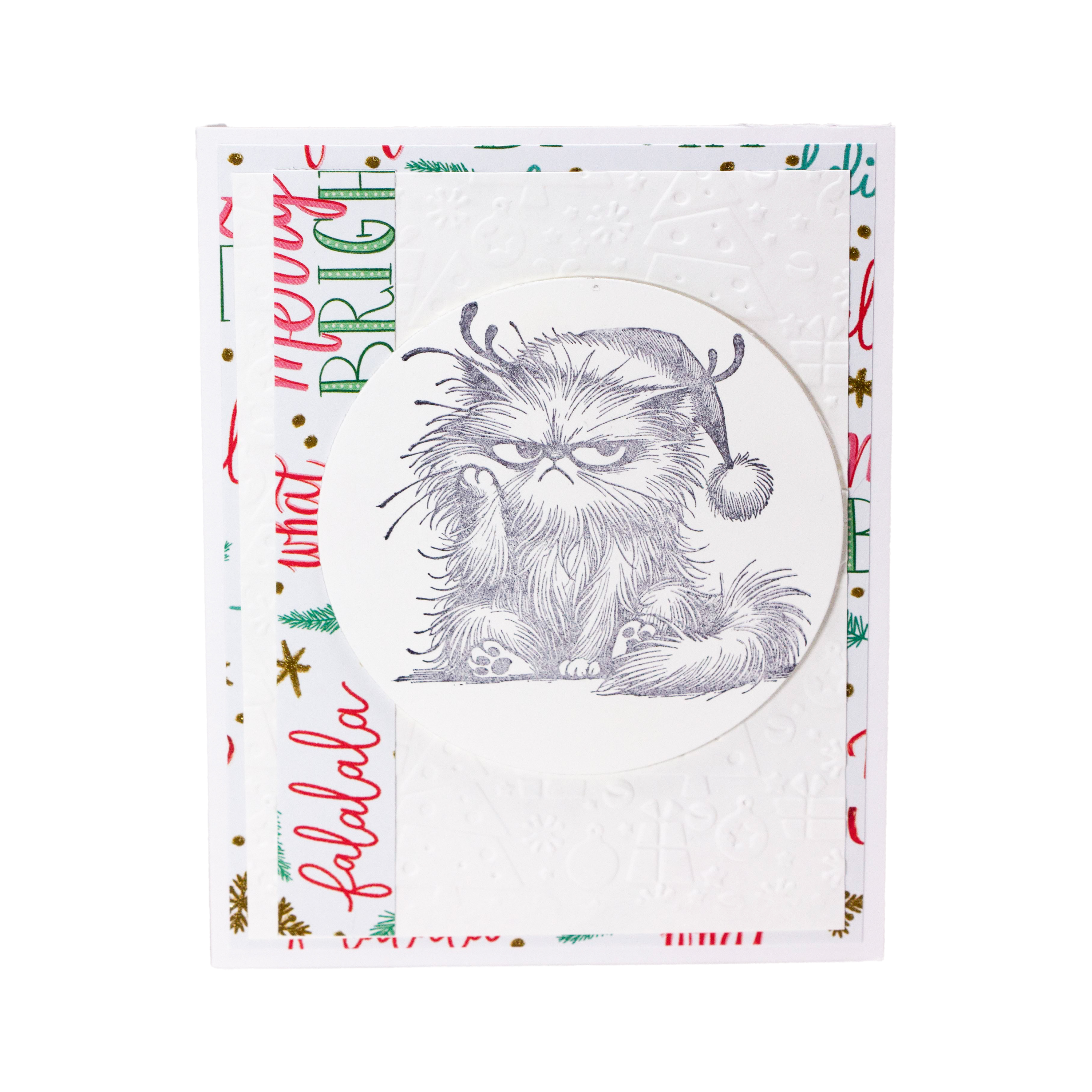 Bad Kitty White Embossed Background with Christmas Words I Christmas Card