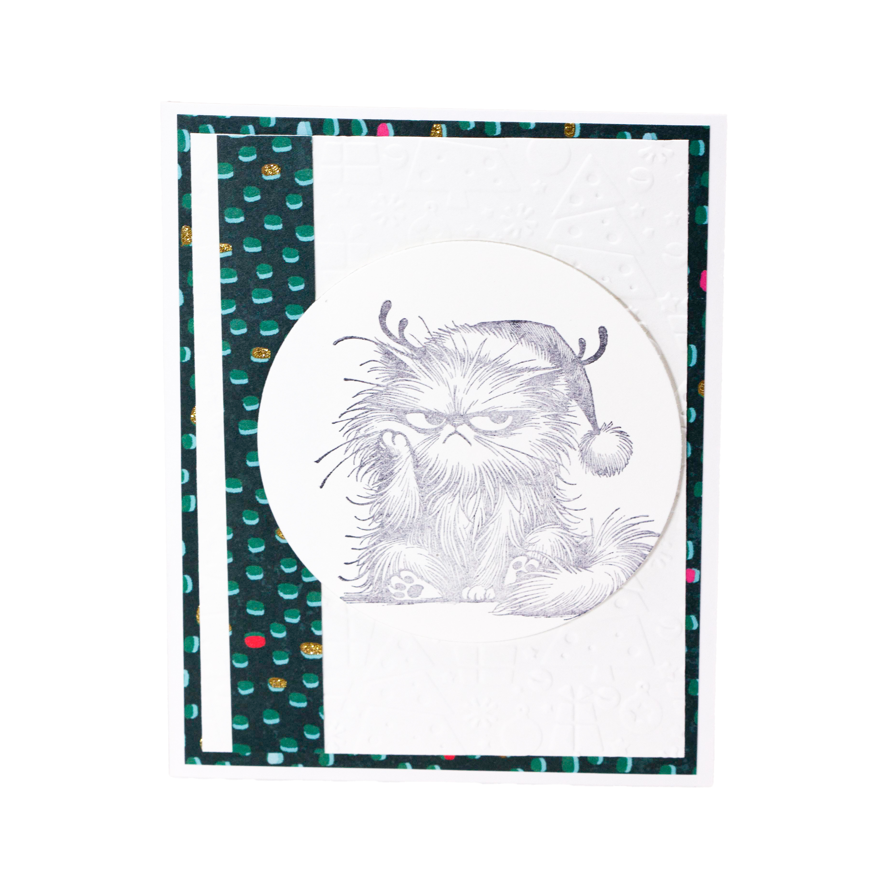 Bad Kitty White Embossed Background with Green Accents I Christmas Card