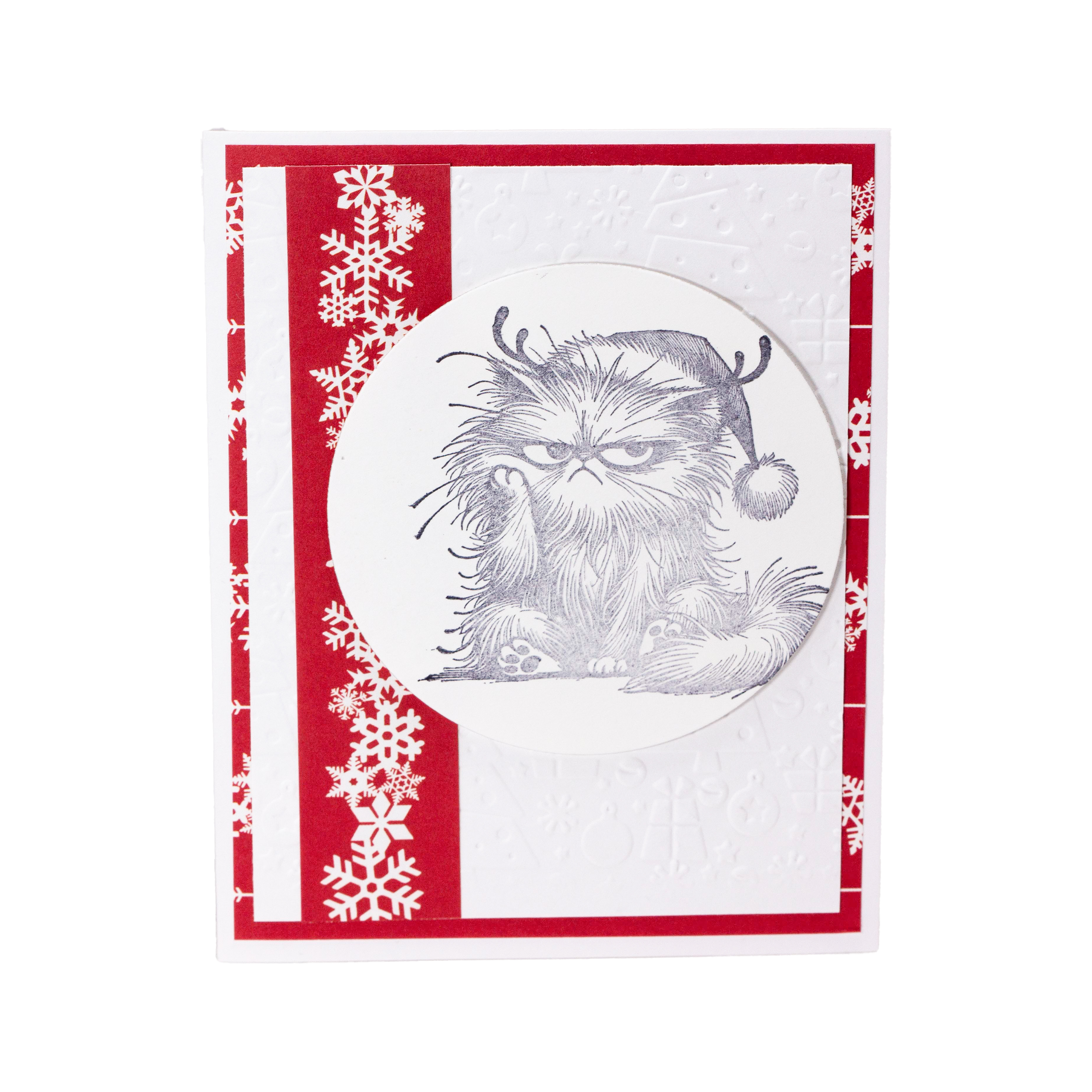 Bad Kitty Red and White with White Embossed Background with Red Snowflake Ribbon I Christmas Card