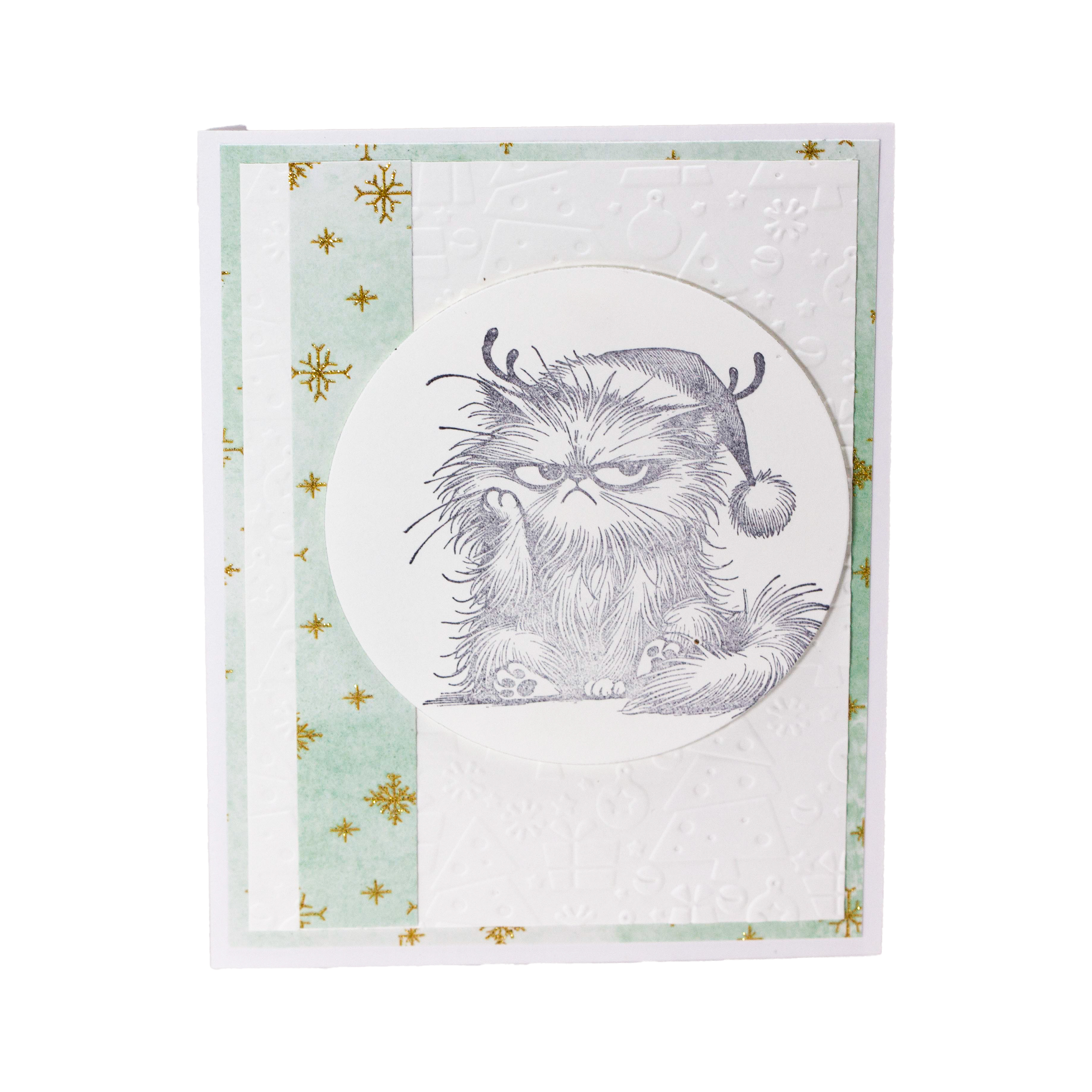 Bad Kitty White Embossed Background with Green and Gold Accents I Christmas Card