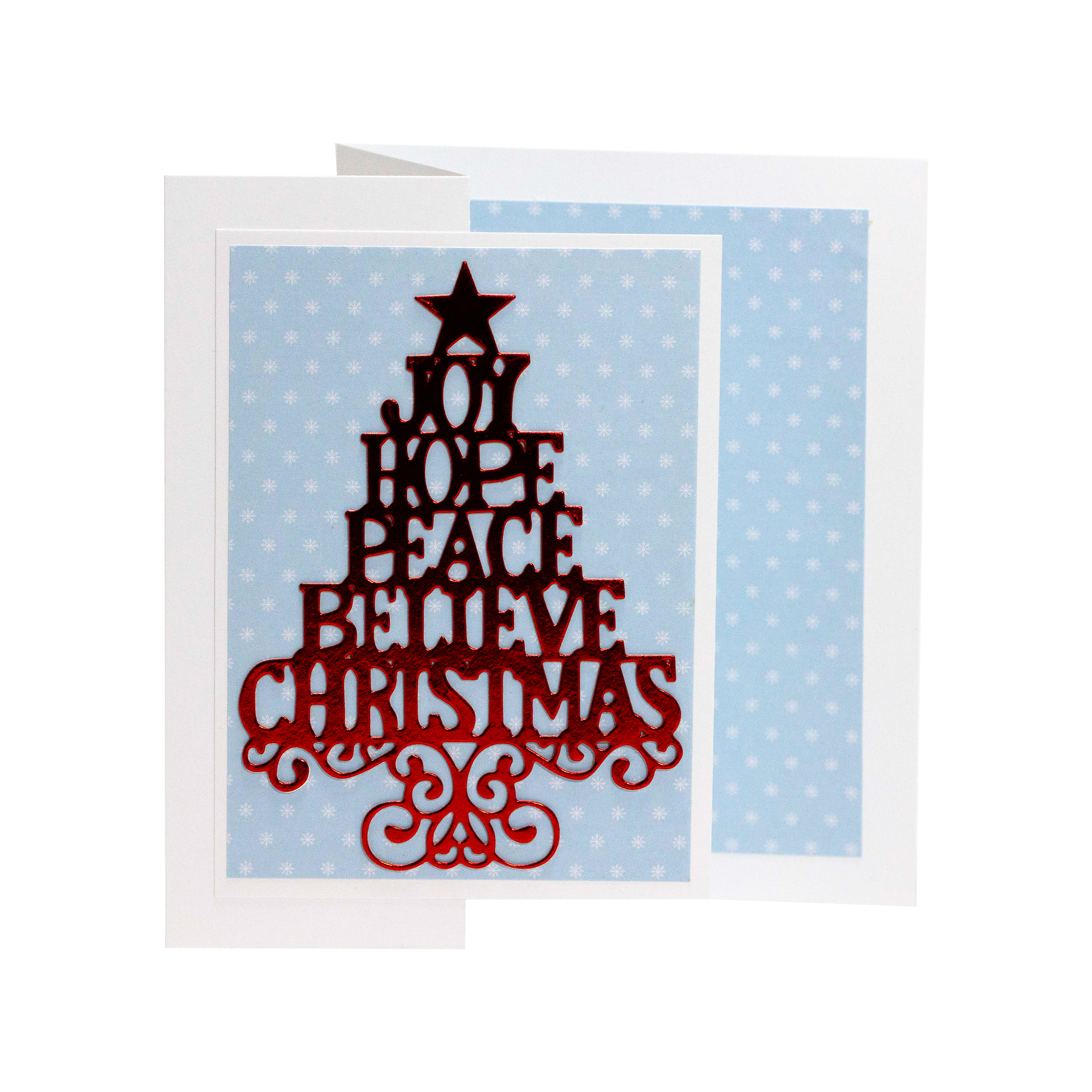 Joy,Hope,Peace,Believe,Christmas Red Tree on Blue and White Background I Christmas Card