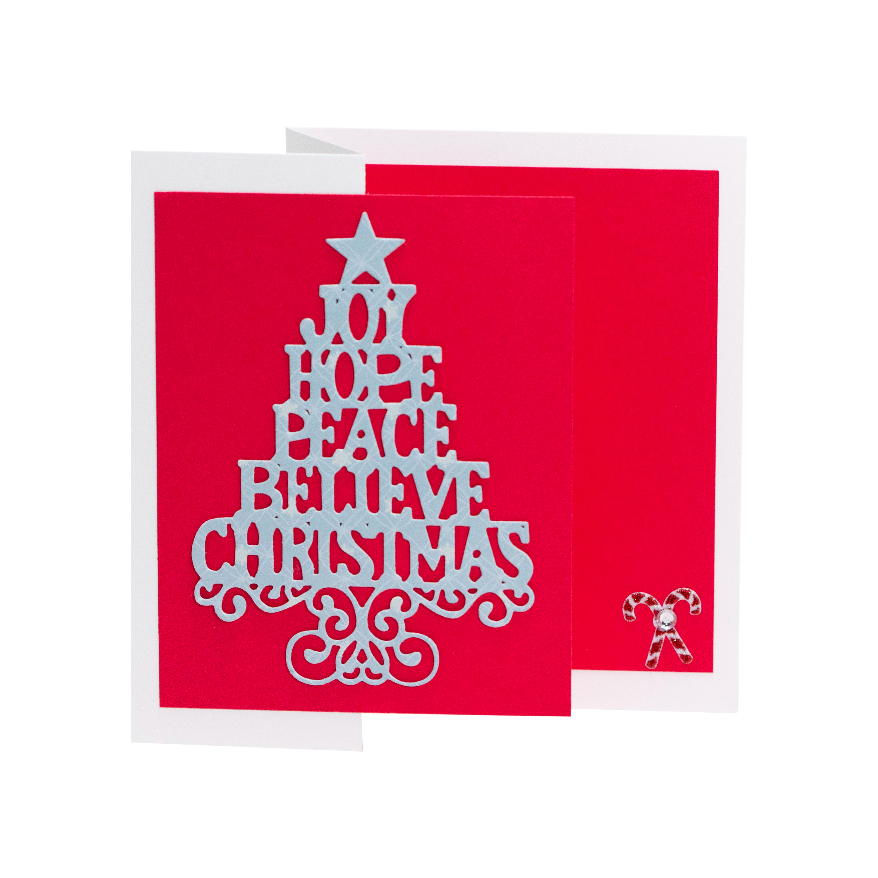 Joy,Hope,Peace,Believe,Christmas Blue Tree on White Red Background I Christmas Card