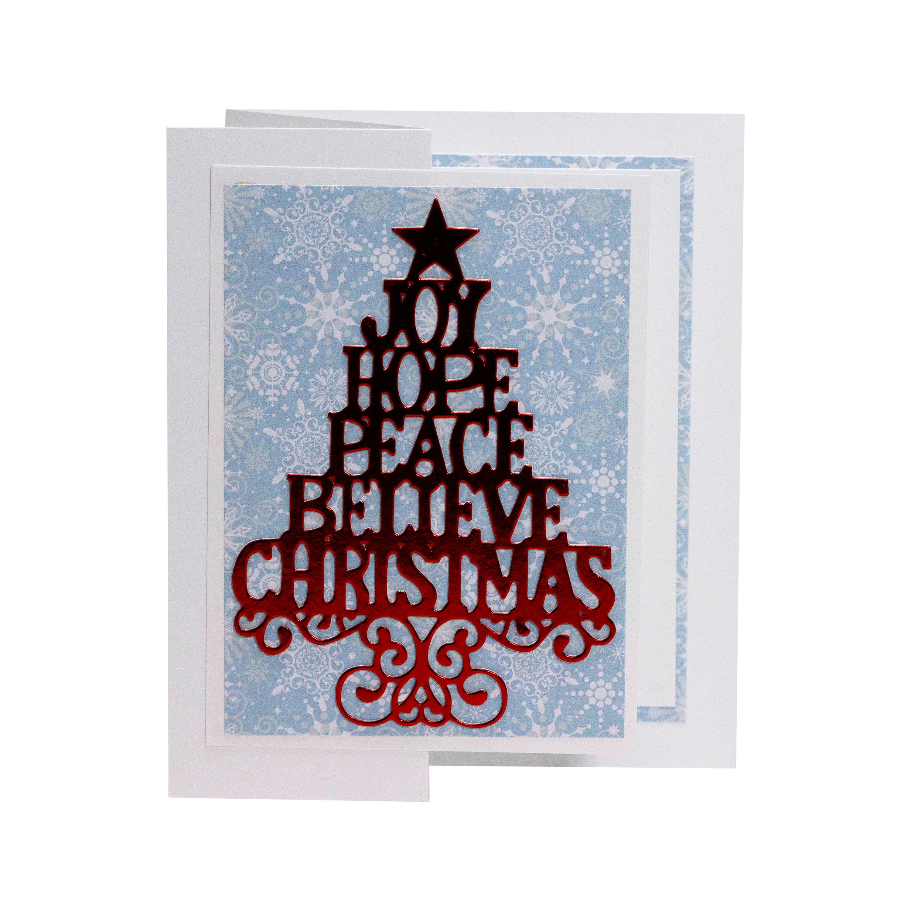 Joy,Hope,Peace,Believe,Christmas Tree on White Snowflake Background I Christmas Card