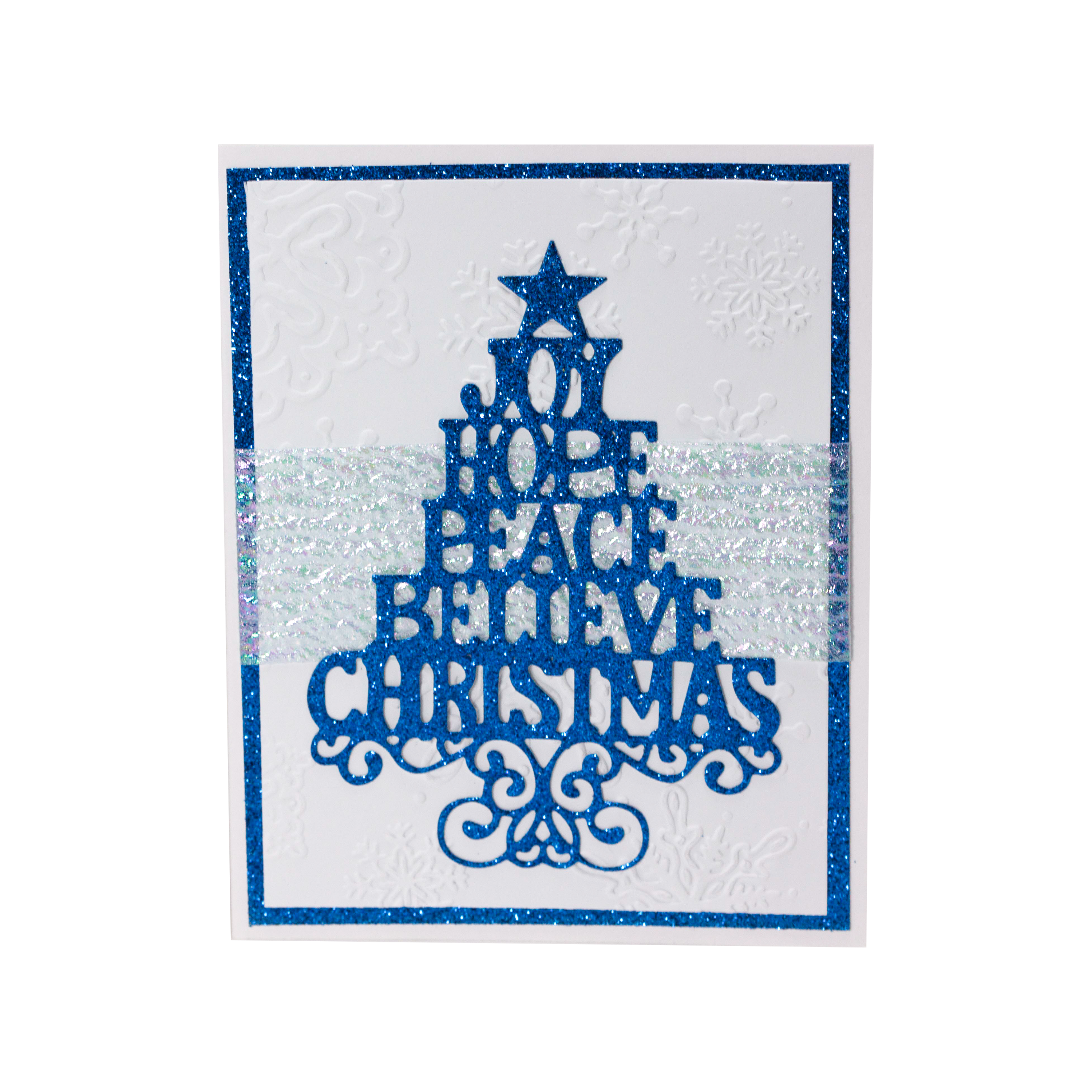 Joy,Hope,Peace,Believe,Christmas Blue Tree on White Snowflake Background