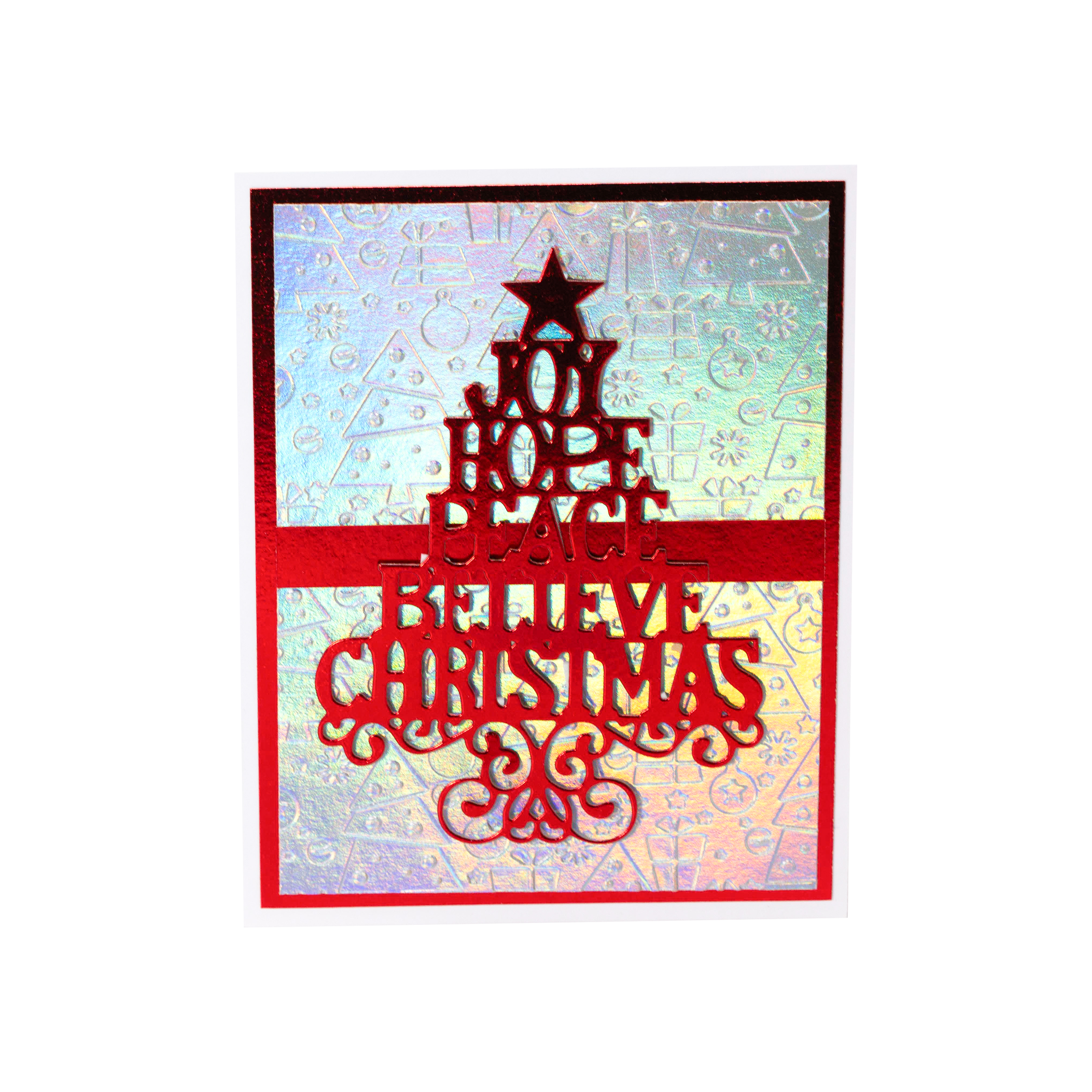 Joy,Hope,Peace,Believe,Christmas Red Tree on White Snowflake  Shimmery  Background