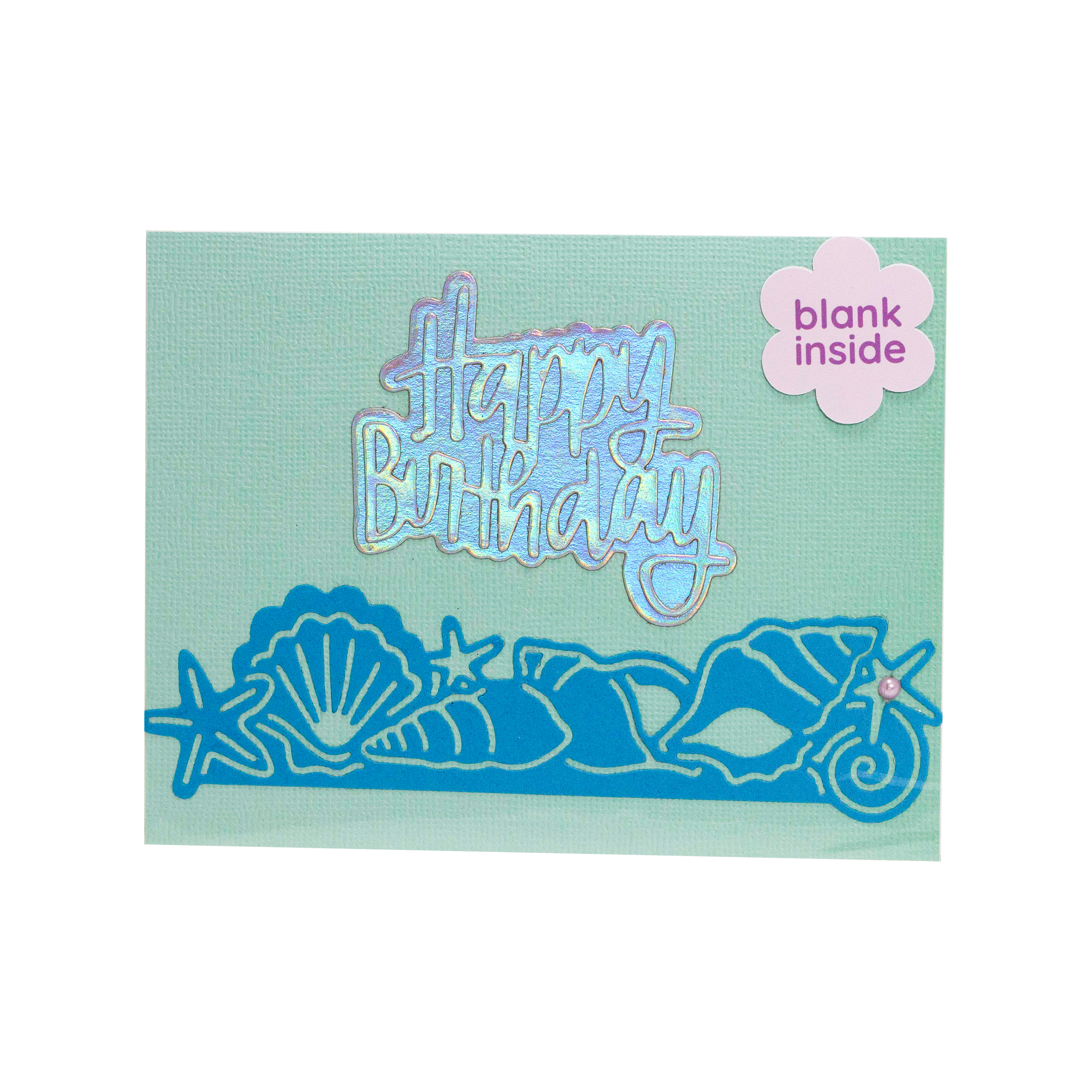 Happy Birthday Sea Shells- Aqua Blue on Turquoise Card- Rainbow Shimmer Happy Birthday