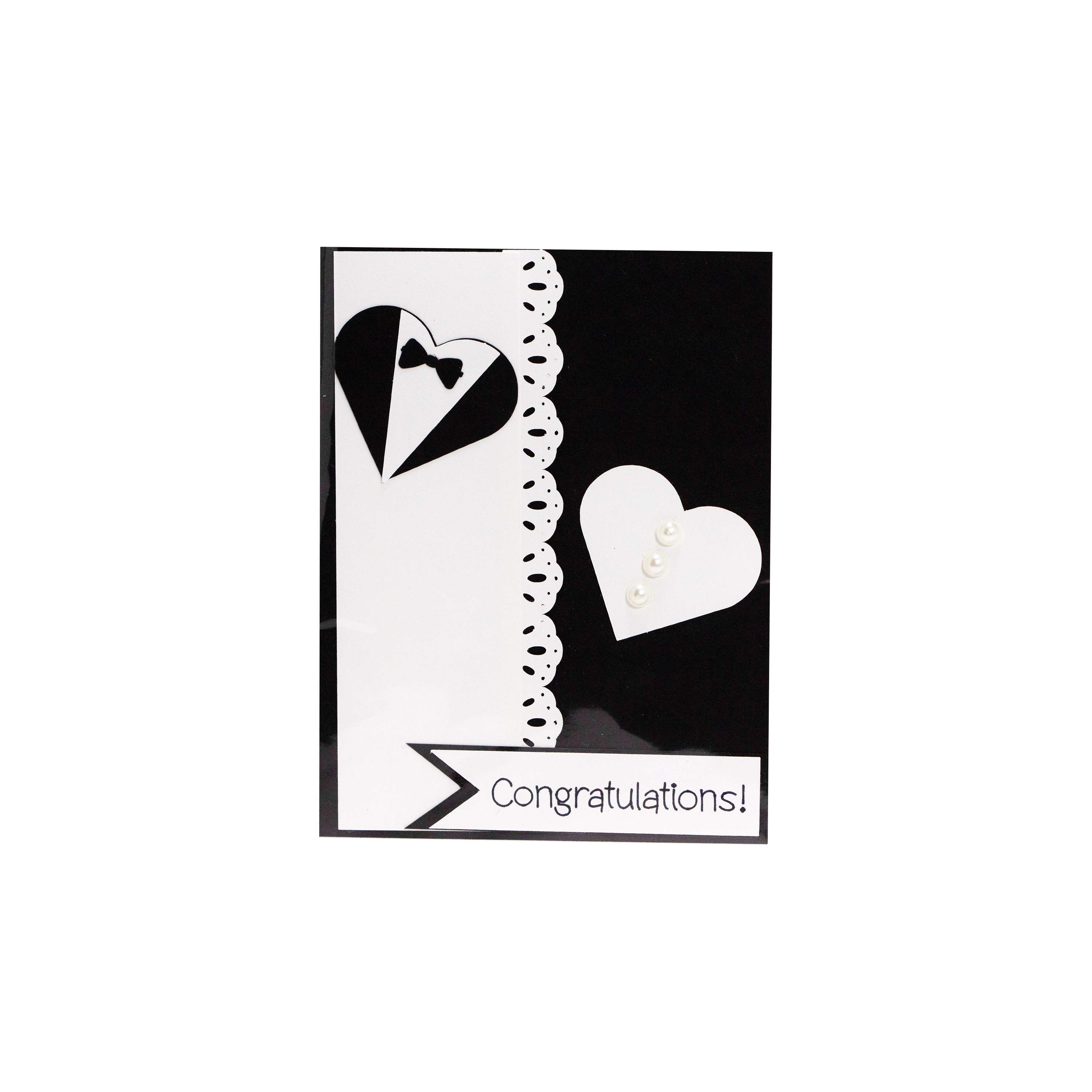 Black and White Hearts in Wedding Gown and Tux I Wedding Card