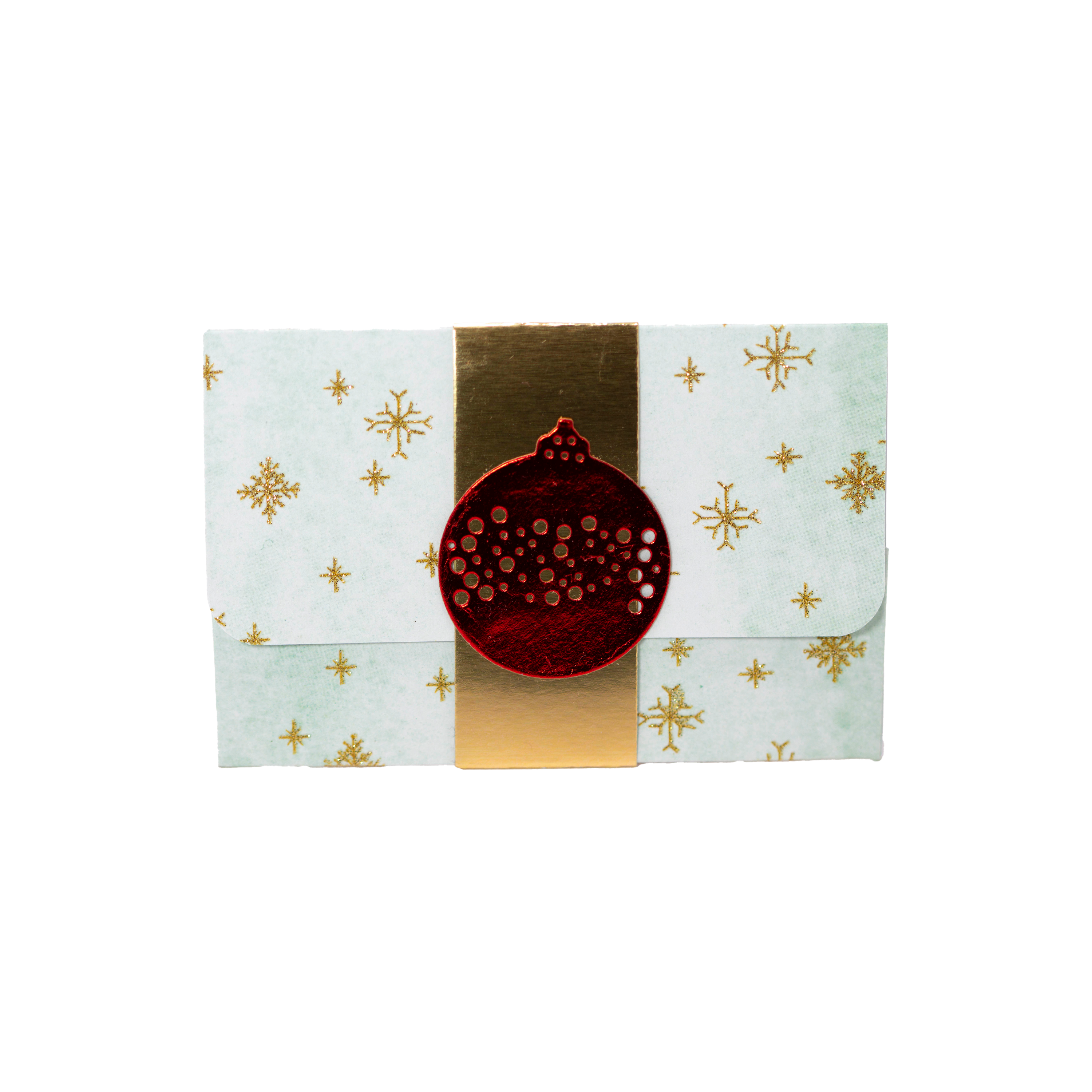 Red Ornament on Gold Belly Band on Green Paper with Gold Snowflakes