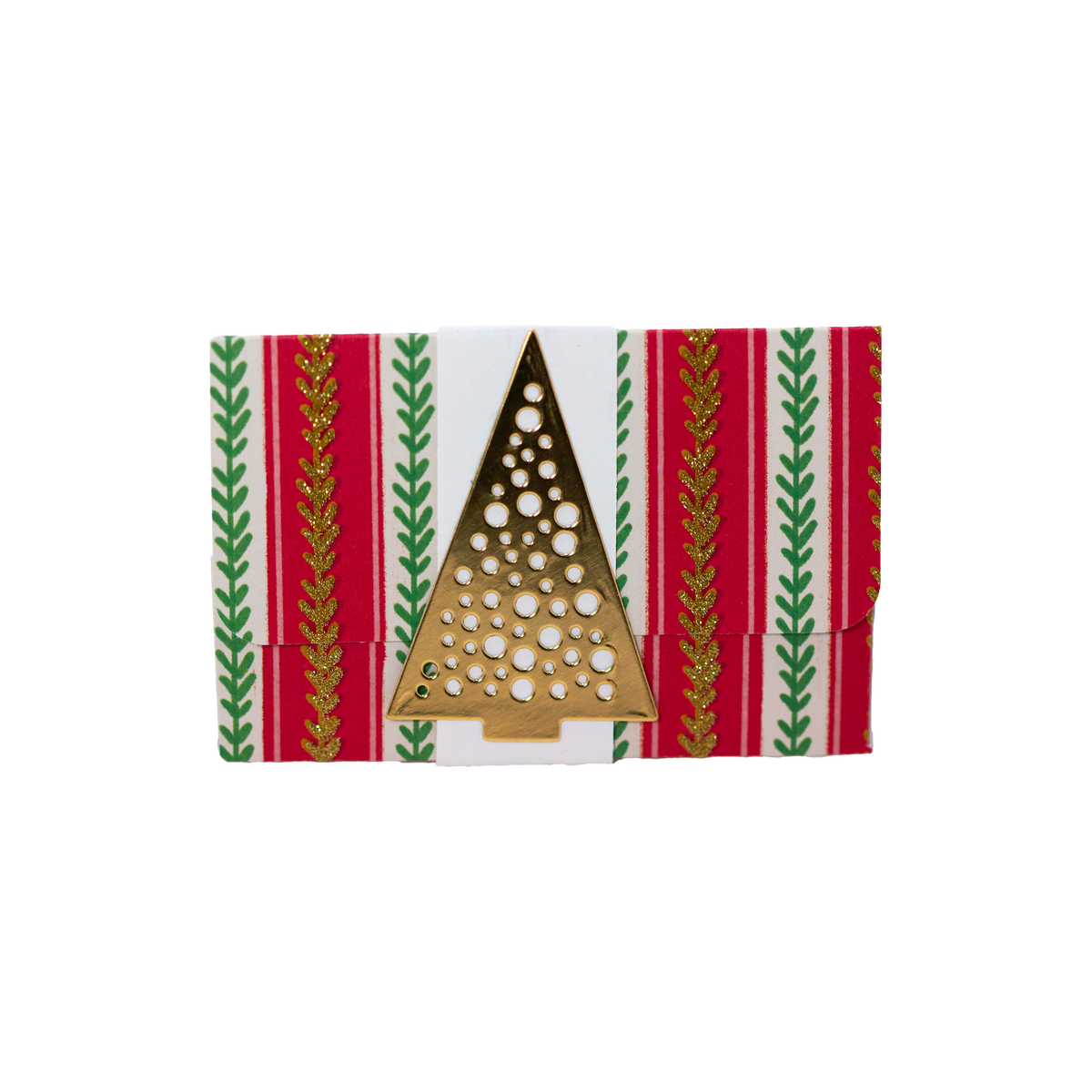 Gold Christmas Tree on White Belly Band on Red, Green and Gold Paper-Gift Card Holder