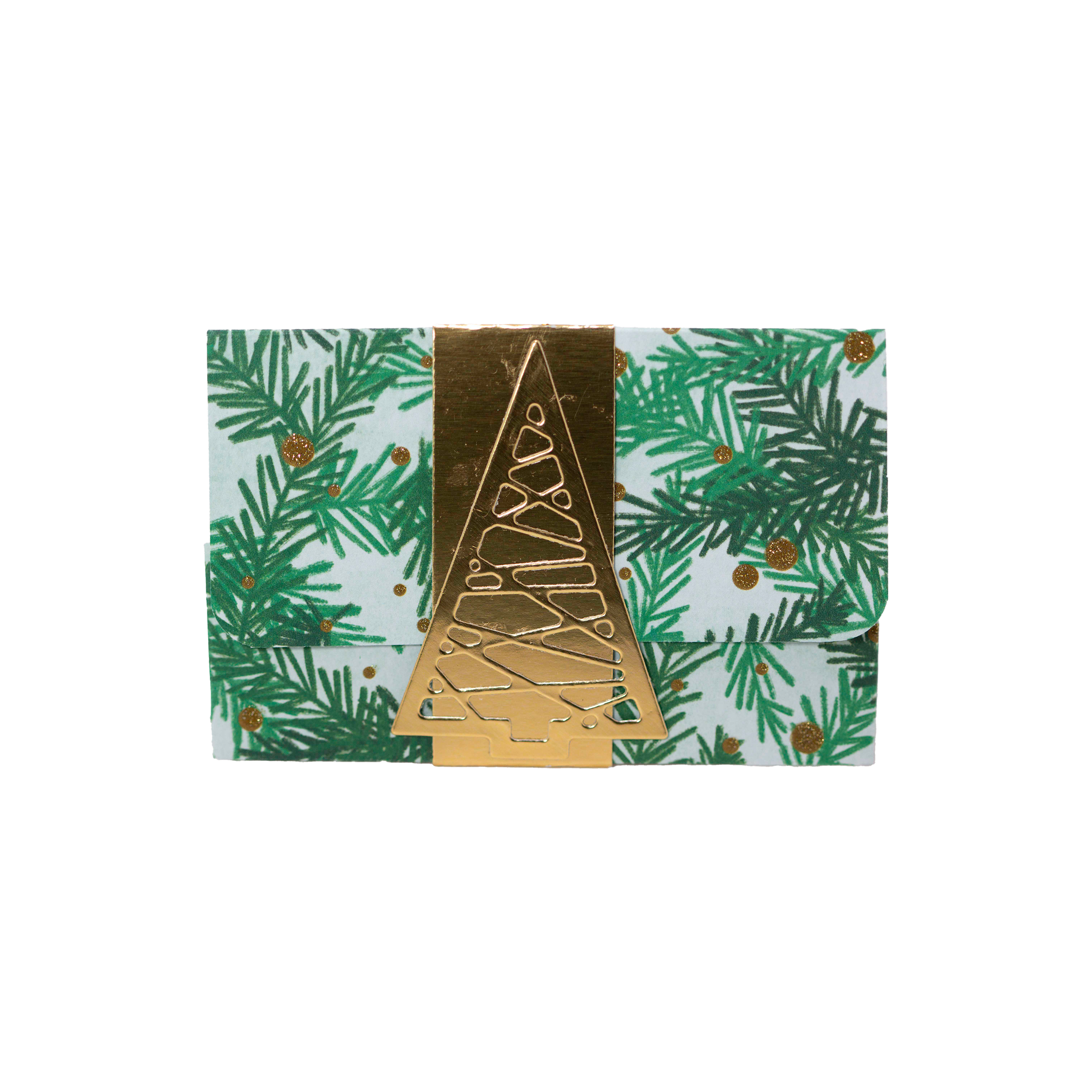 Gold Christmas Tree on Gold Belly Band with Gold, Green Spruce Paper-Gift Card Holder