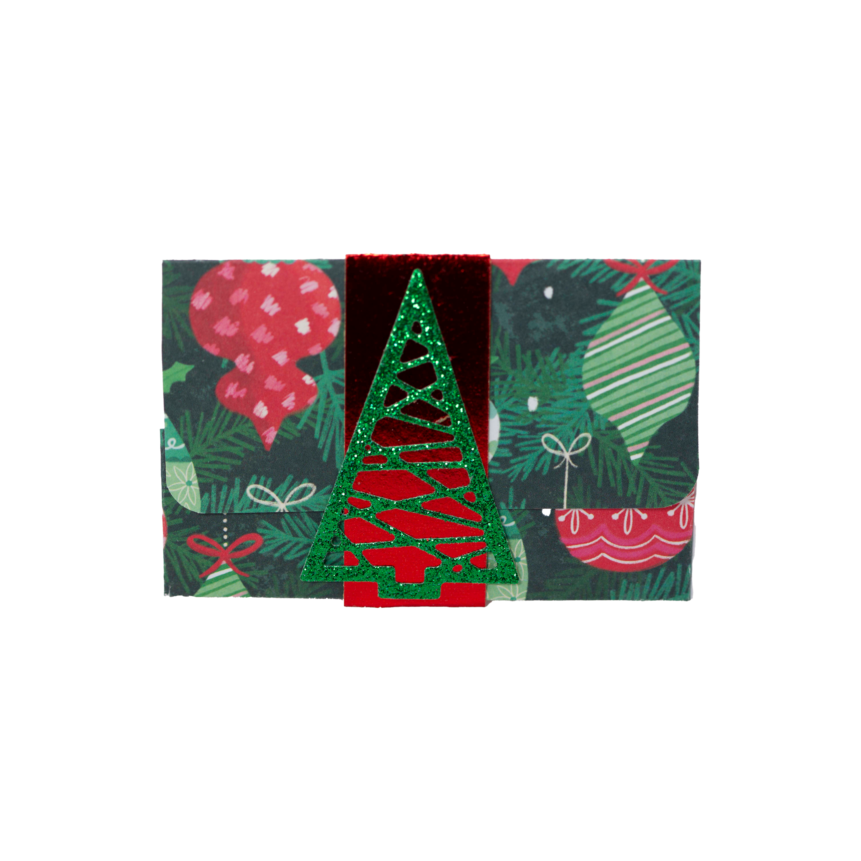 Green Sparkly Tree on Red Belly Band on Christmas Ornament Paper-Gift Card Holder