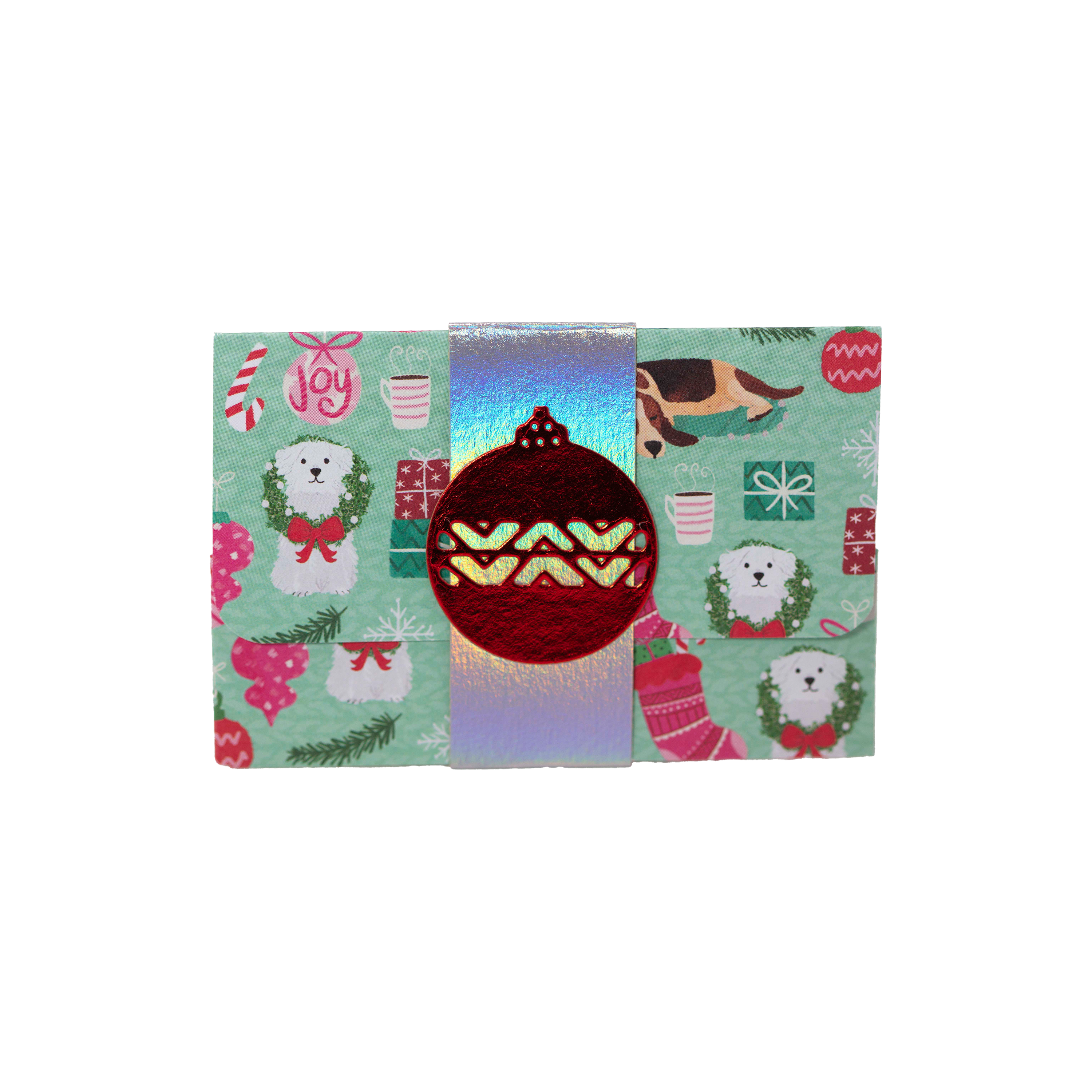 Red Ornament on Rainbow Belly Band on Puppy Paper Gift Card Holder
