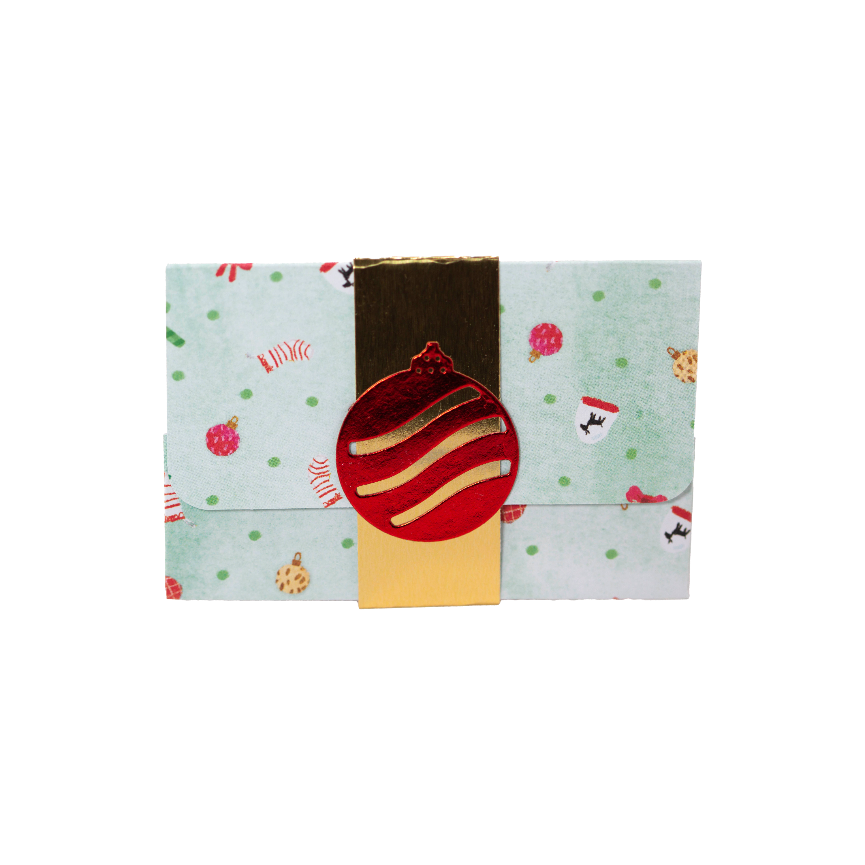 Red Ornament on Gold Belly Band on Green ornament and Snowglobe Paper Gift Card Holder
