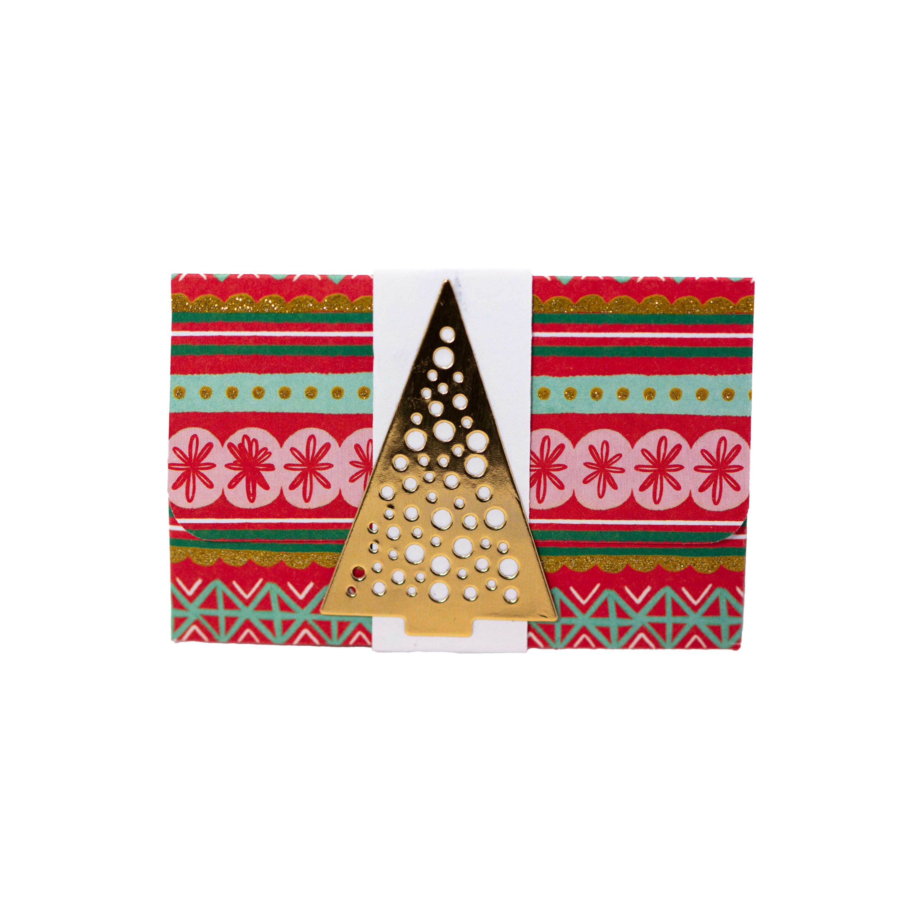 Gold Christmas Tree on White Belly Band with Gold, green and Red Paper-Gift Card Holder
