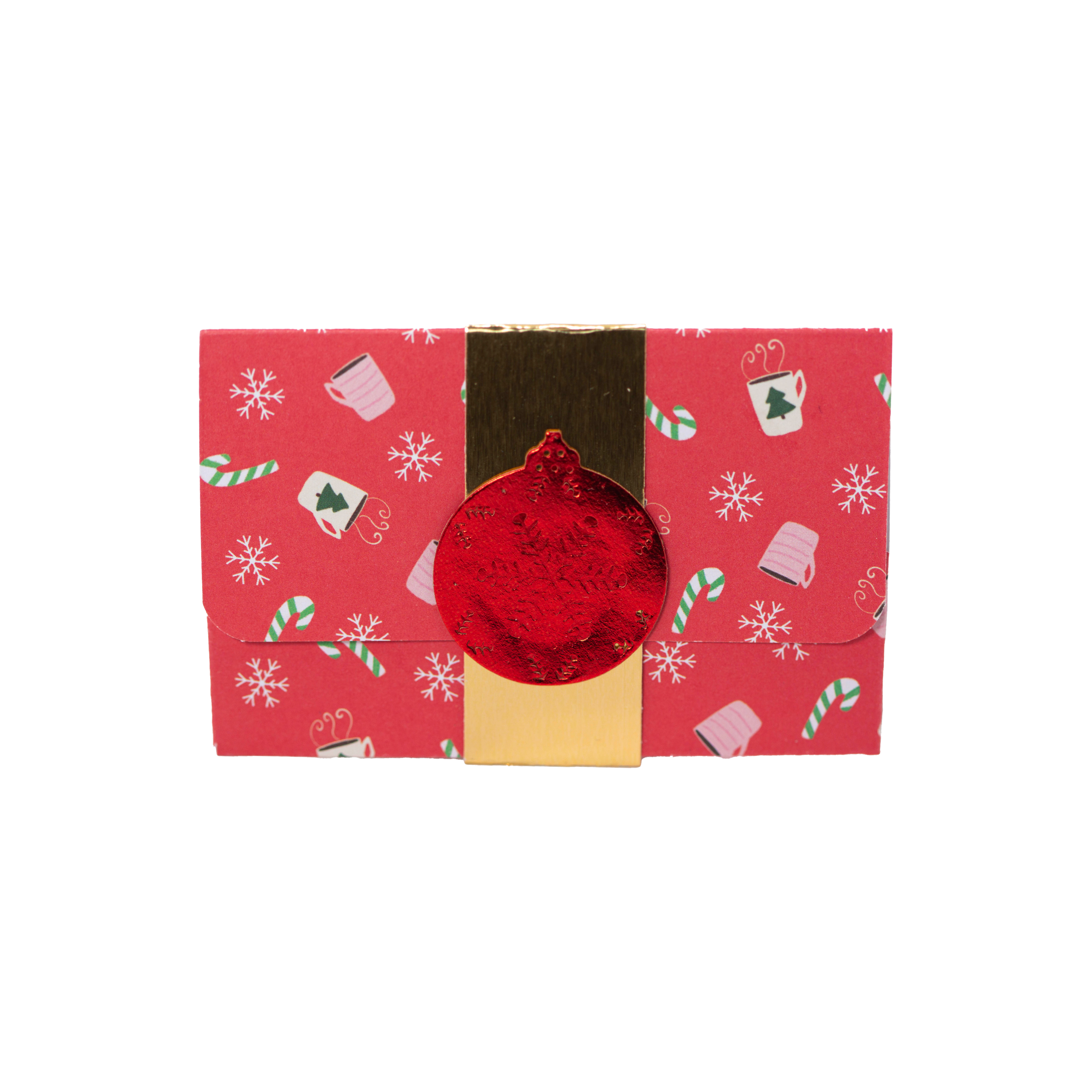 Red Ornament on a Gold Belly Band on Red paper of Mugs and Candy Canes-Gift Card Holder