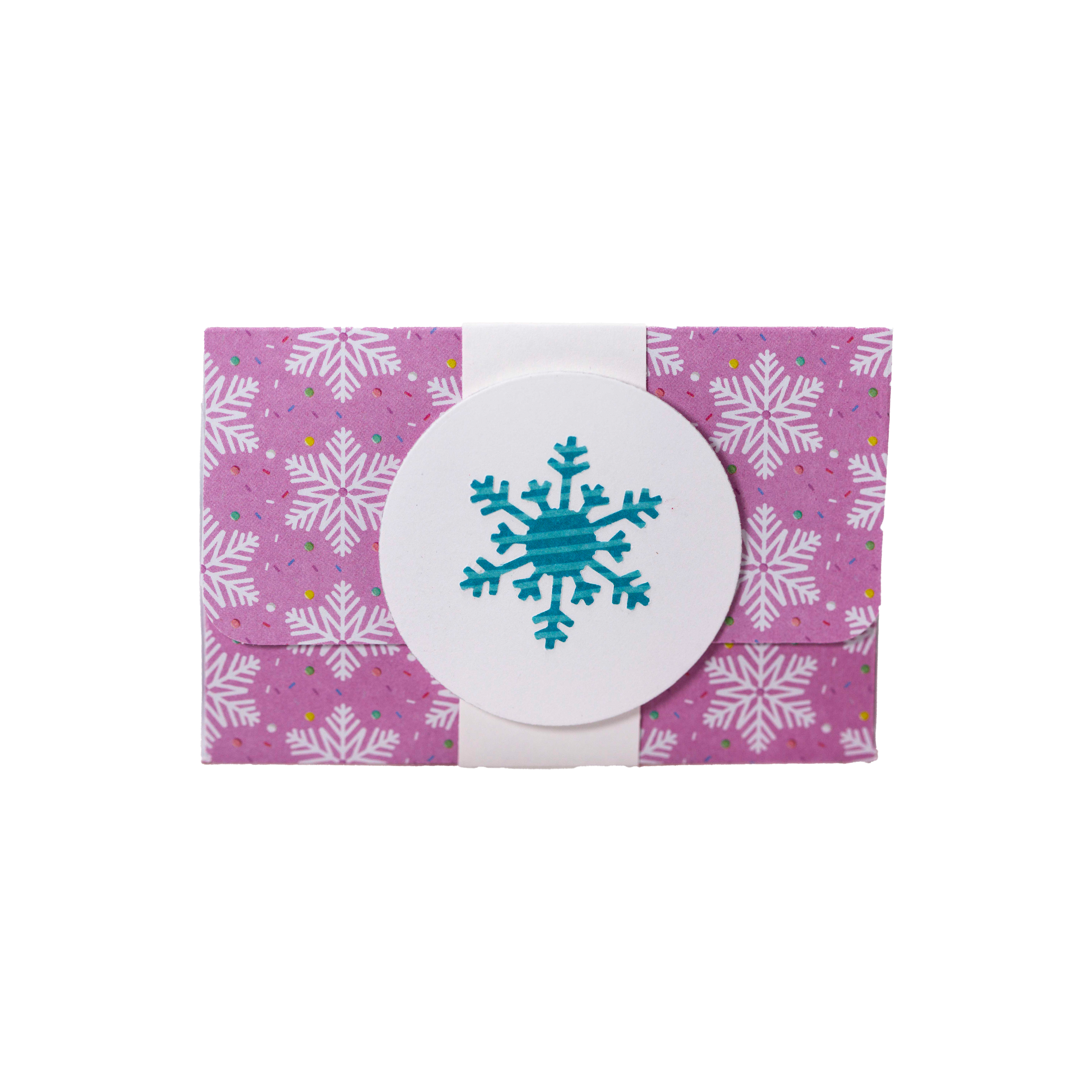 Blue Snowflake on a White Belly Band with Pink Paper with White Snowflakes Gift Card Holder