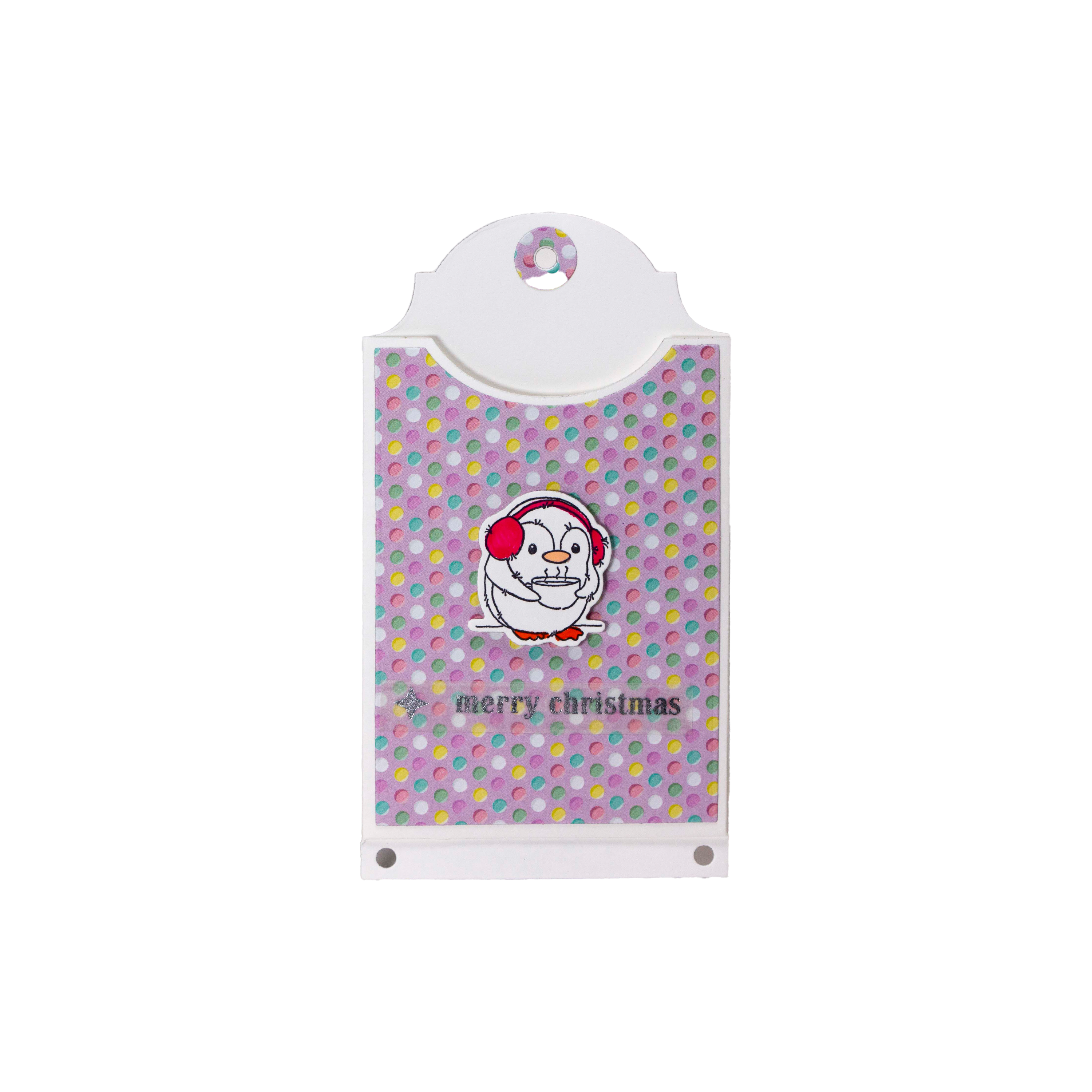 Penguin with Pink Ear Muffs with Coffee on Pastel Polka dot Paper Gift Card Holder