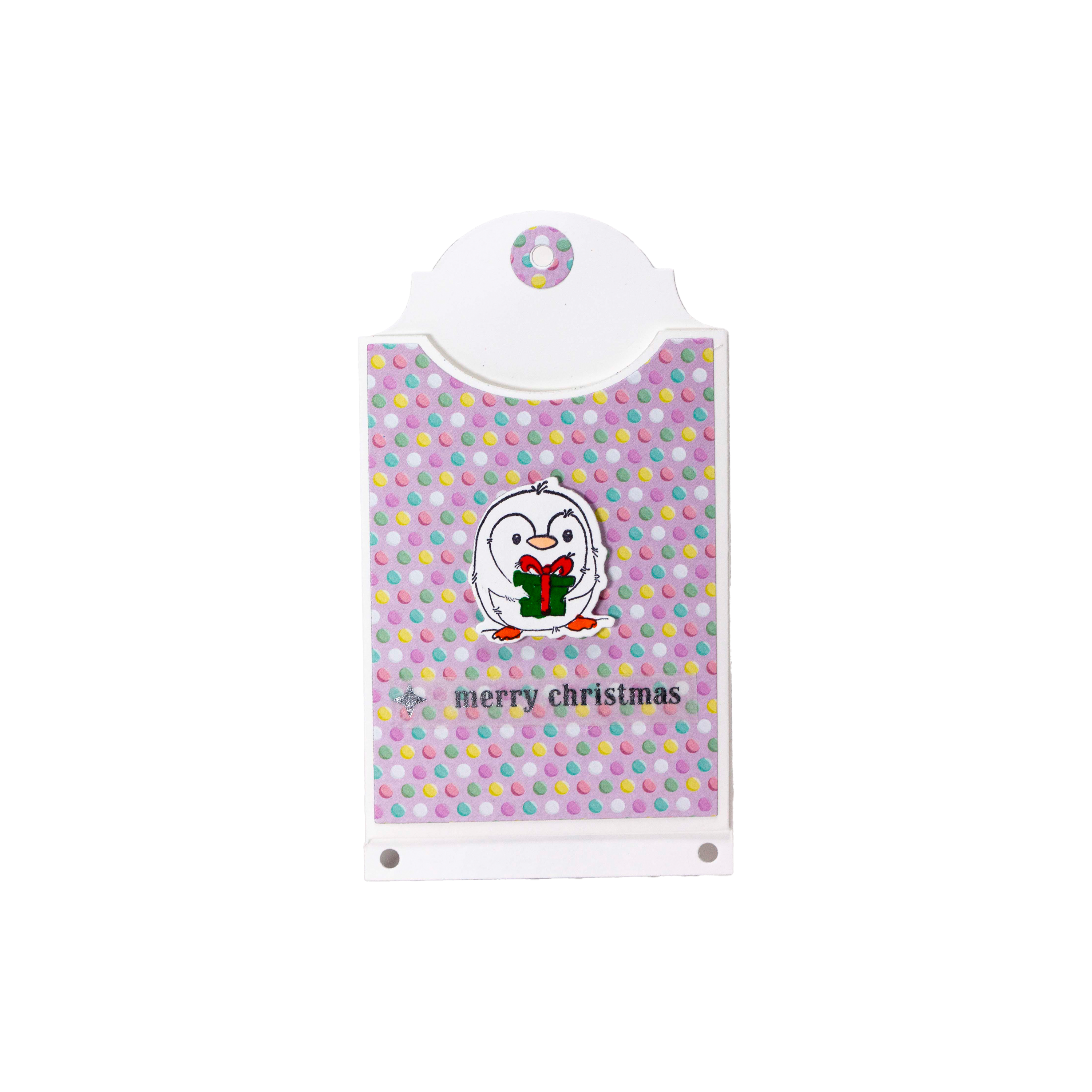 Penguin with a Green present on Pastel Polkadot Paper Gift Card Holder