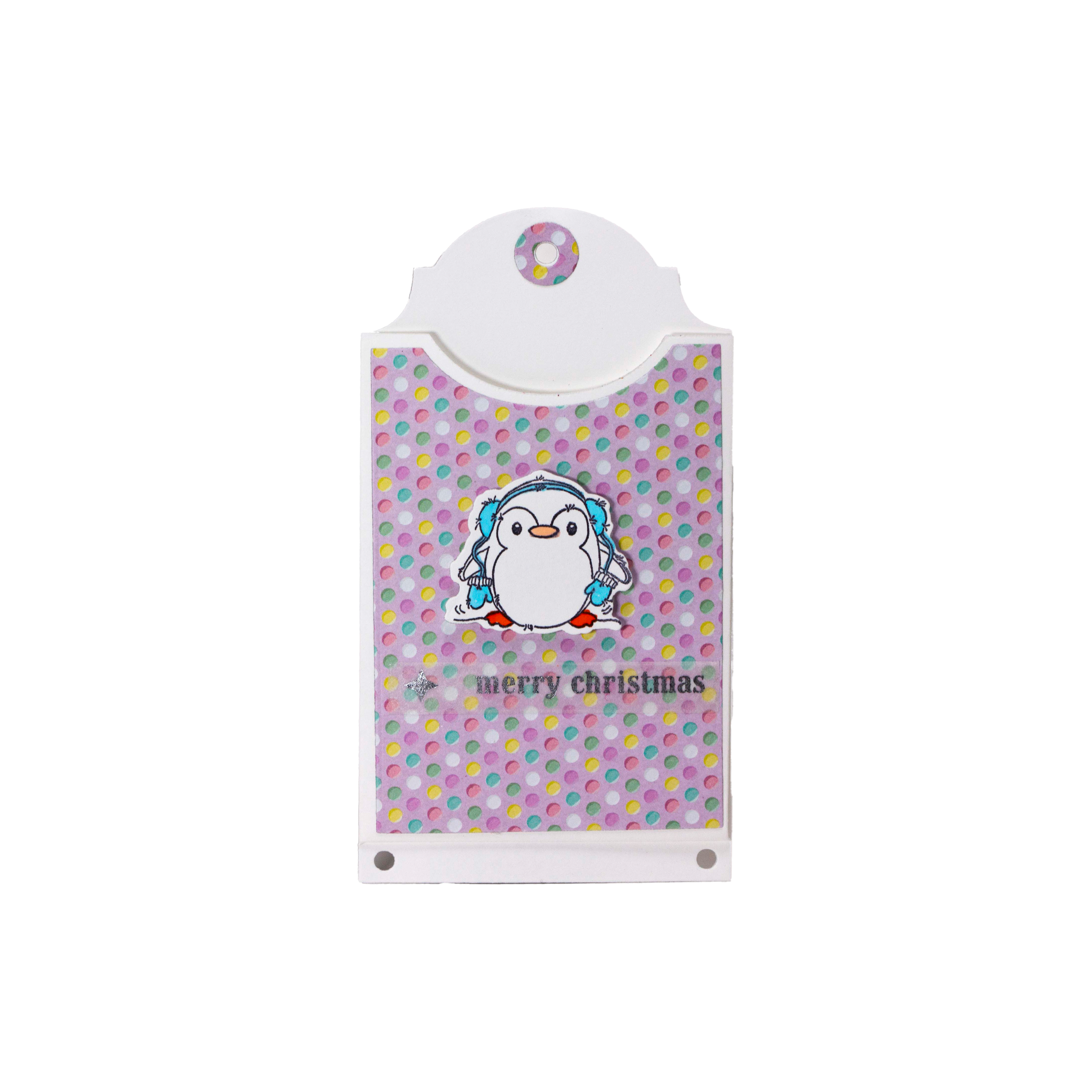 Penguin with Blue ear muffs and Mittens on Pastel Polkadot Paper Gift Card Holder